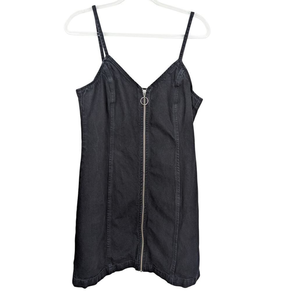 Topshop Womens US 10 Dress Moto Black Denim Full Zip Grunge V Neckline